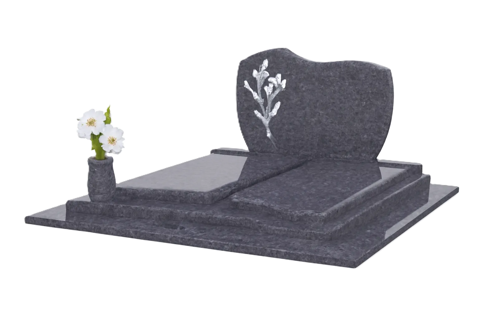 Monument funéraire double en granit sombre avec motifs floraux et vase