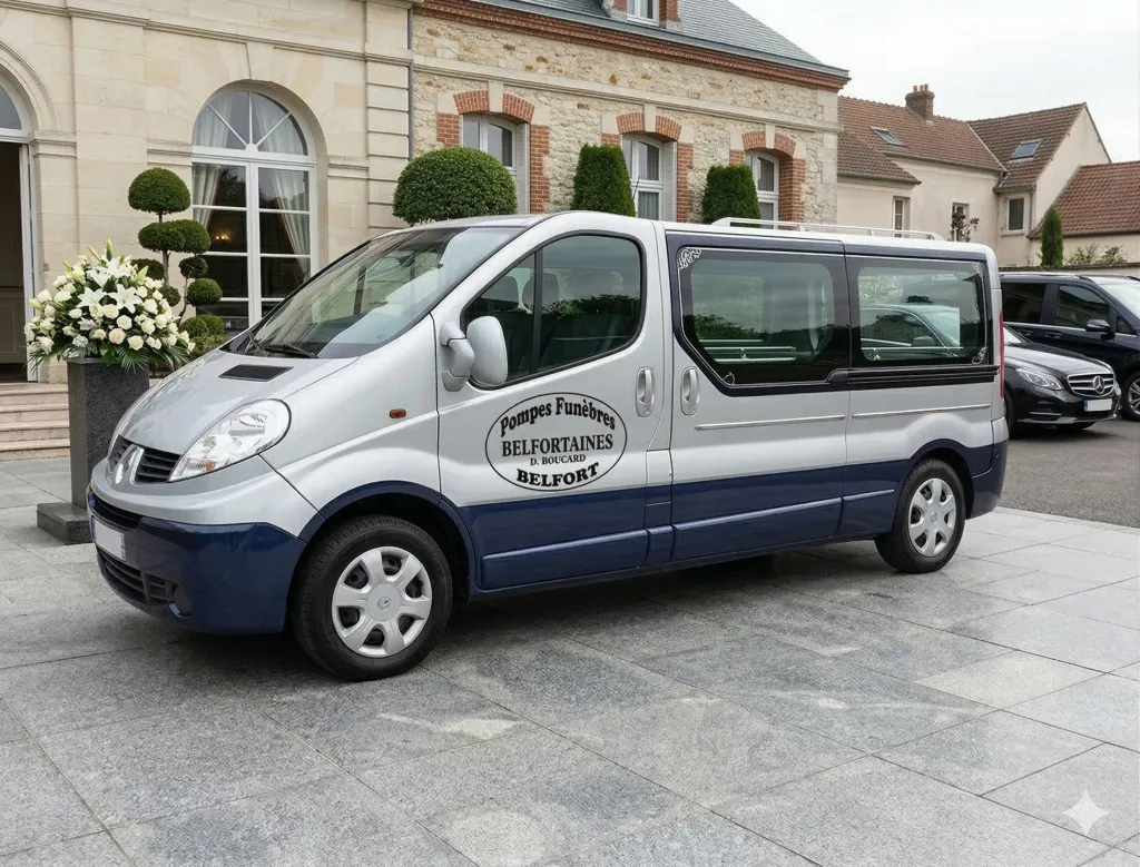 Fourgon bicolore gris et bleu de transport funéraire garé sur une place dallée